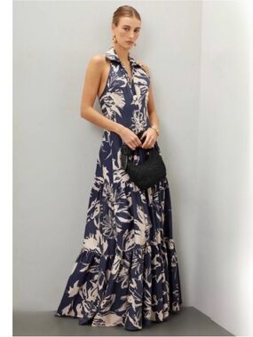 Andres Otalora Colonial Floral Collar Halter Maxi Dress